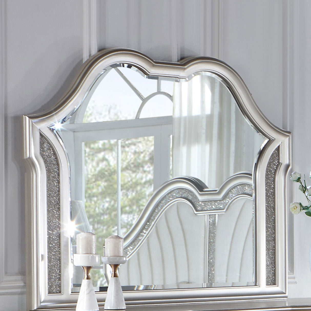 Dresser Mirror - Evangeline Camel Top Dresser Mirror Silver Oak