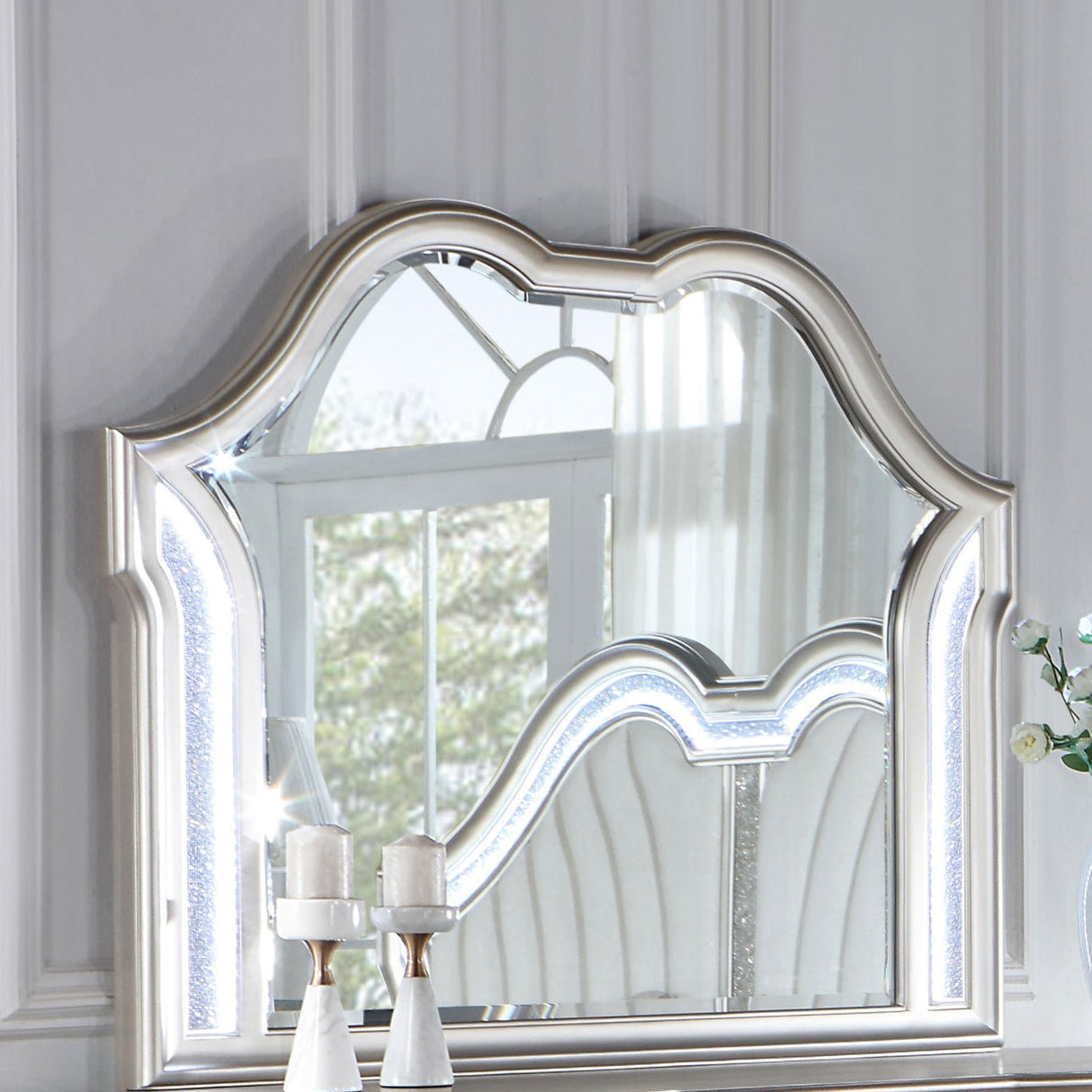 Dresser Mirror - Evangeline Camel Top Dresser Mirror Silver Oak