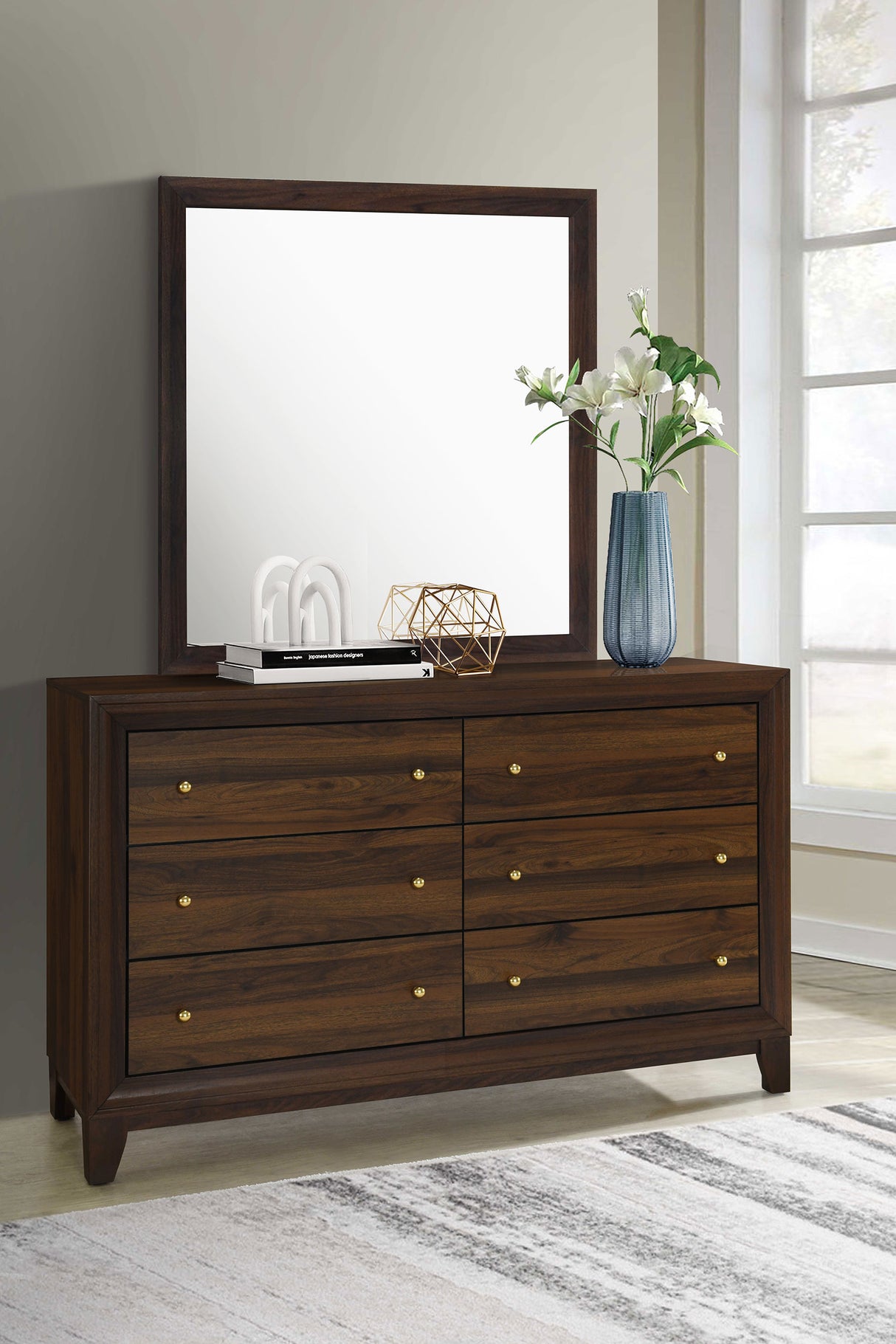 Welsley 6-drawer Dresser and Mirror Walnut - Home Elegance USA