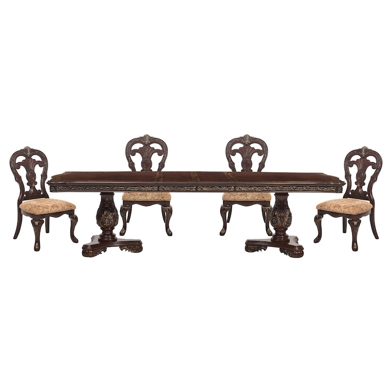 Dining table set with four ornate chairs on a white background