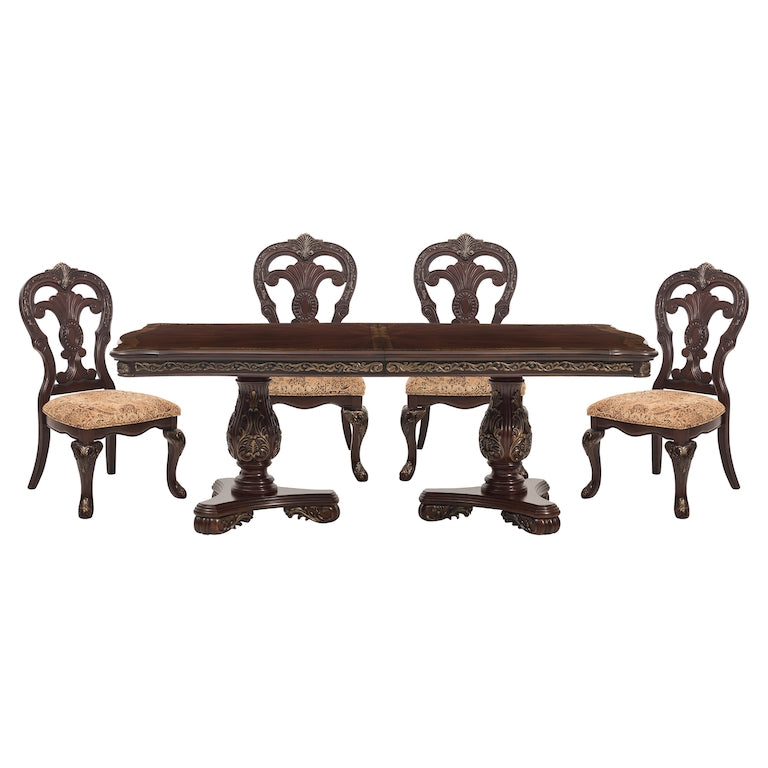 Dining table set with four ornate chairs on a white background