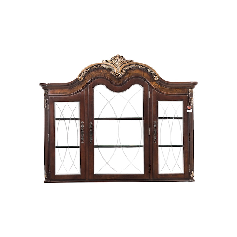Decorative wooden wall cabinet with glass panels on a white background