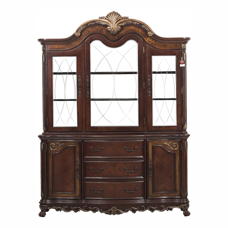 Decorative wooden cabinet with glass panels on a white background