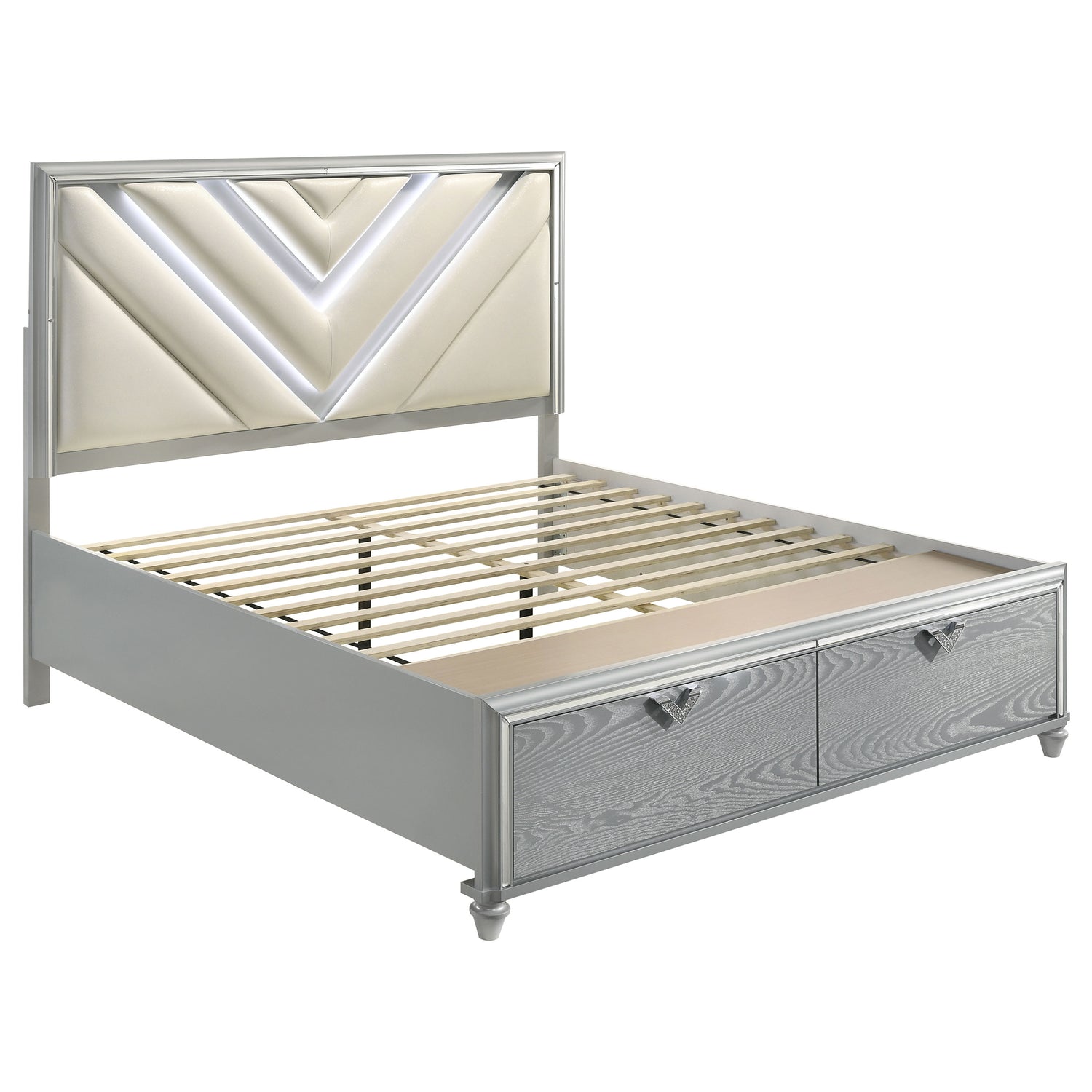 Eastern King Storage Bed  - Veronica Wood Eastern King LED Storage Bed Light Silver