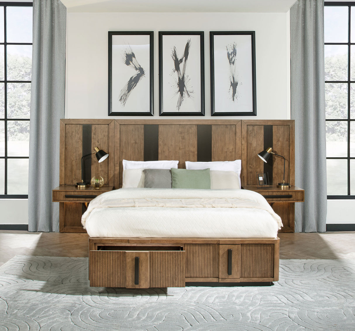 Cama Queen con almacenamiento y paneles de pared para terraza, color marrón ceniza