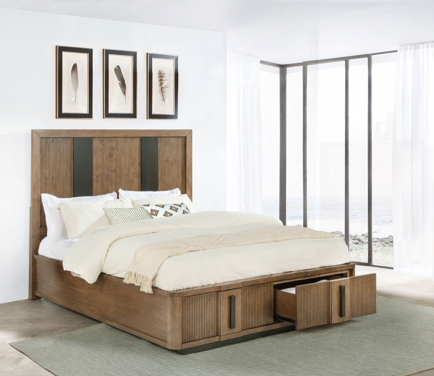 Cama Queen con dos cajones y espacio de almacenamiento en color marrón ceniza