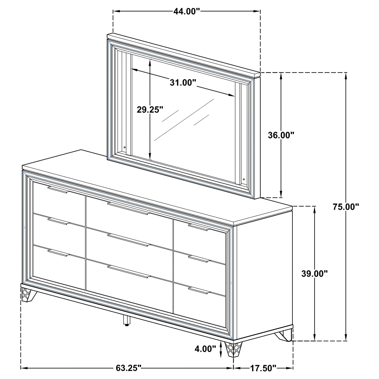 Marmore 9-drawer Dresser and LED Mirror White - Home Elegance USA