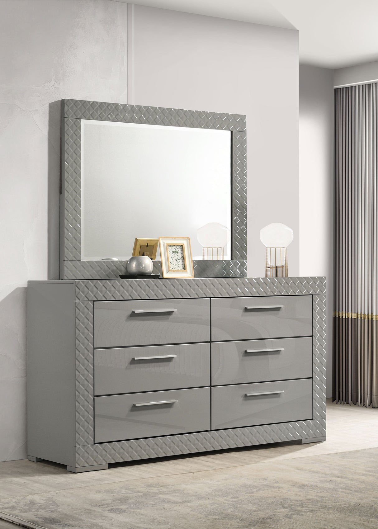 Ives 6-drawer Dresser and Mirror Grey High Gloss - Home Elegance USA