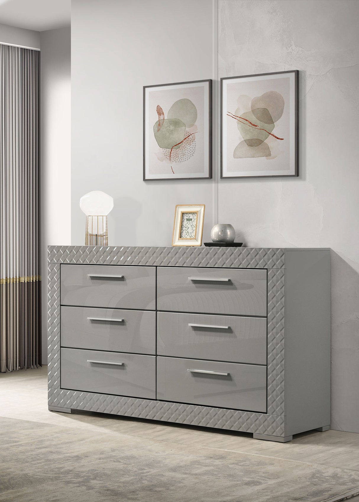 Ives 6-drawer Dresser Cabinet Grey High Gloss - Home Elegance USA