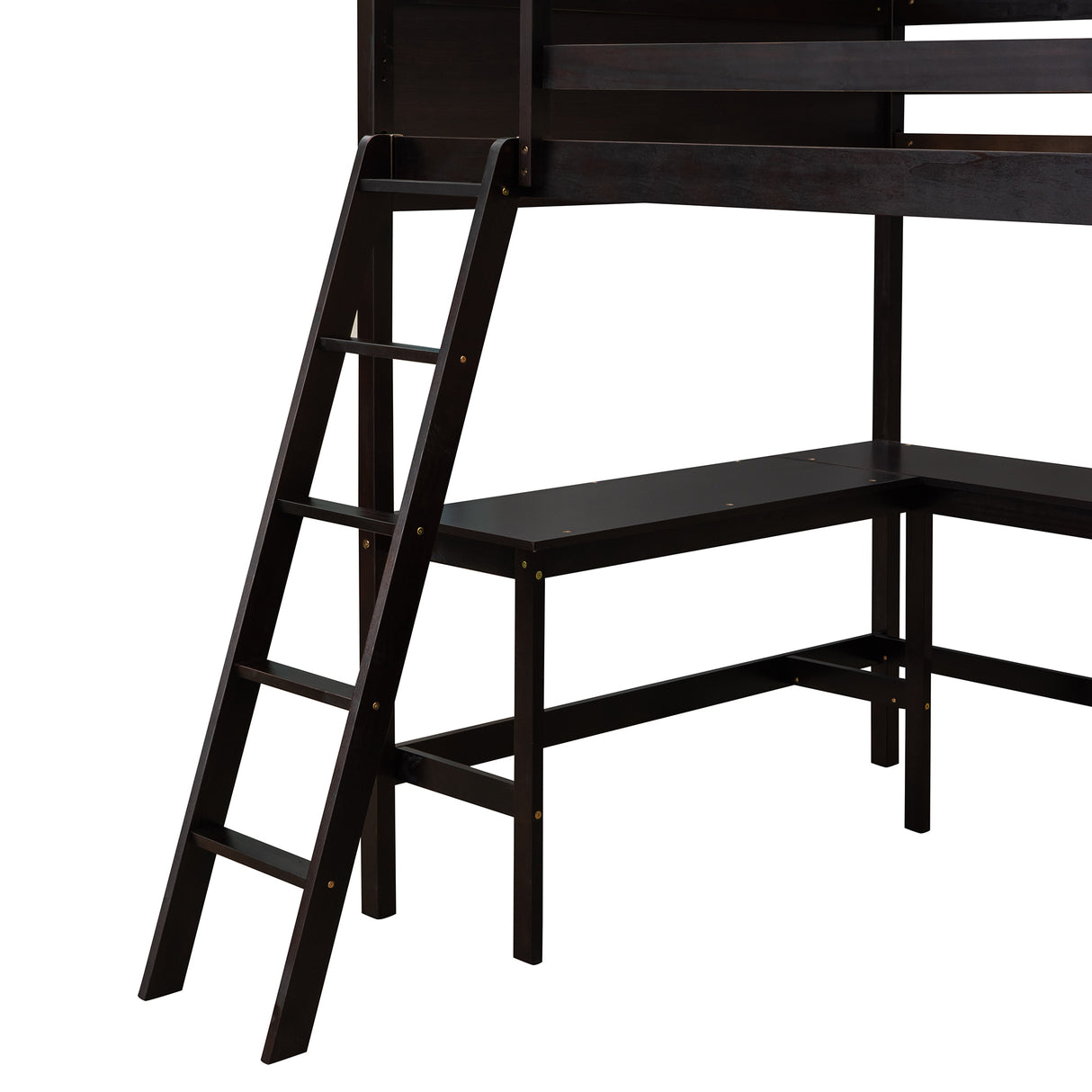 Full size Loft Bed with Shelves and Desk, Wooden Loft Bed with Desk - Espresso - Home Elegance USA