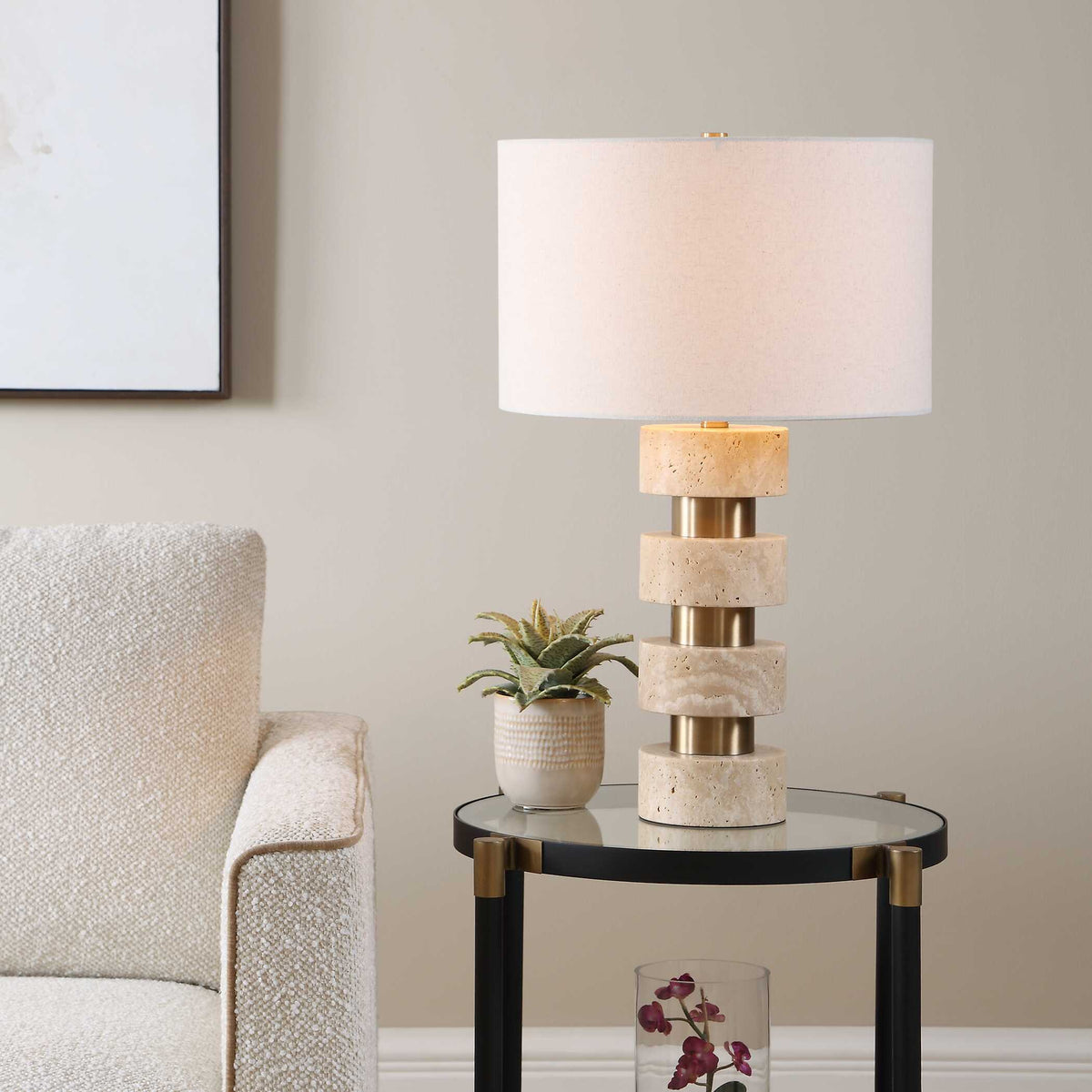 Makani Travertine Table Lamp Brass / Gold / White - Gold / Beige by Uttermost - View 2