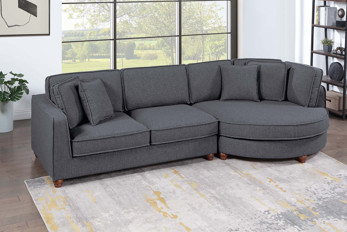 Modern Style 2pc XL Sectional Set Right Arm Round Sofa With Chaise Matching Four Pillow Wooden Legs Pewter Finish Primary Living Room