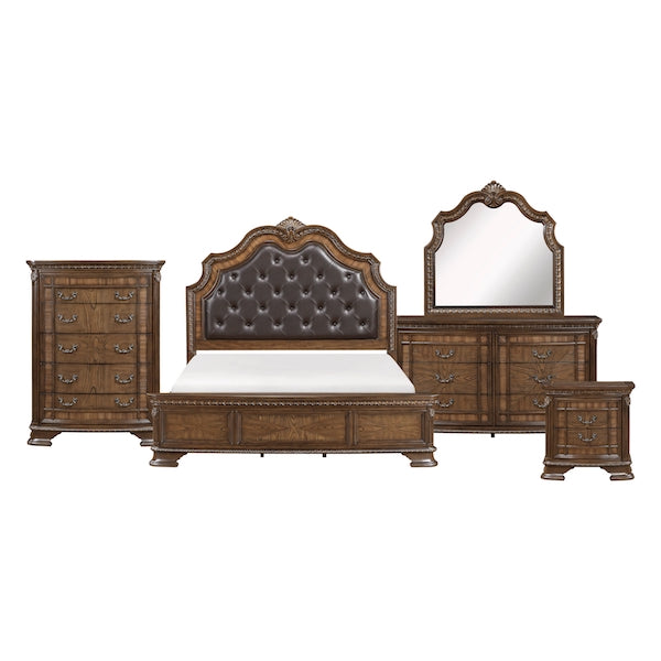 Wooden bedroom furniture set with bed, dresser, and mirror on a white background