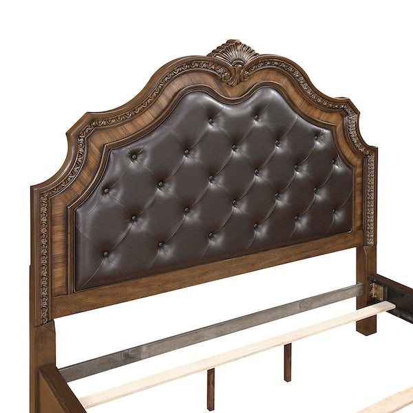 Decorative brown leather headboard with wooden frame on a white background