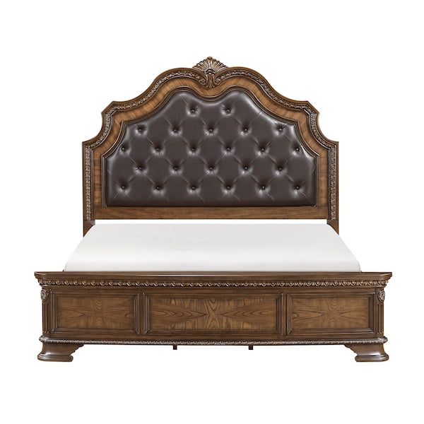 Traditional dark brown bedroom set with tufted leather sleigh bed, carved wood details, cedar drawers, and bronze handles.