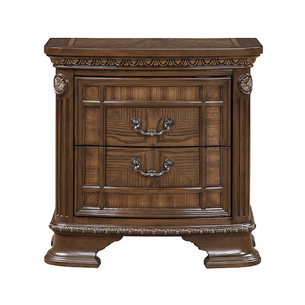 Wooden nightstand with decorative carvings on a white background