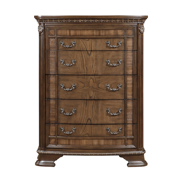 Wooden dresser with multiple drawers and decorative handles on a white background