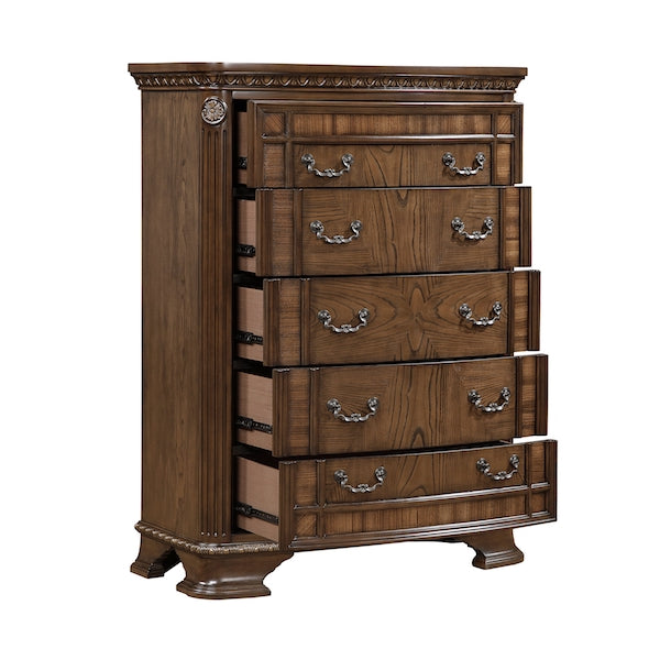 Wooden dresser with multiple drawers on a white background