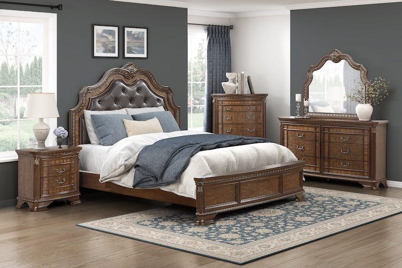 Traditional dark brown bedroom set with tufted leather sleigh bed, carved wood details, cedar drawers, and bronze handles.