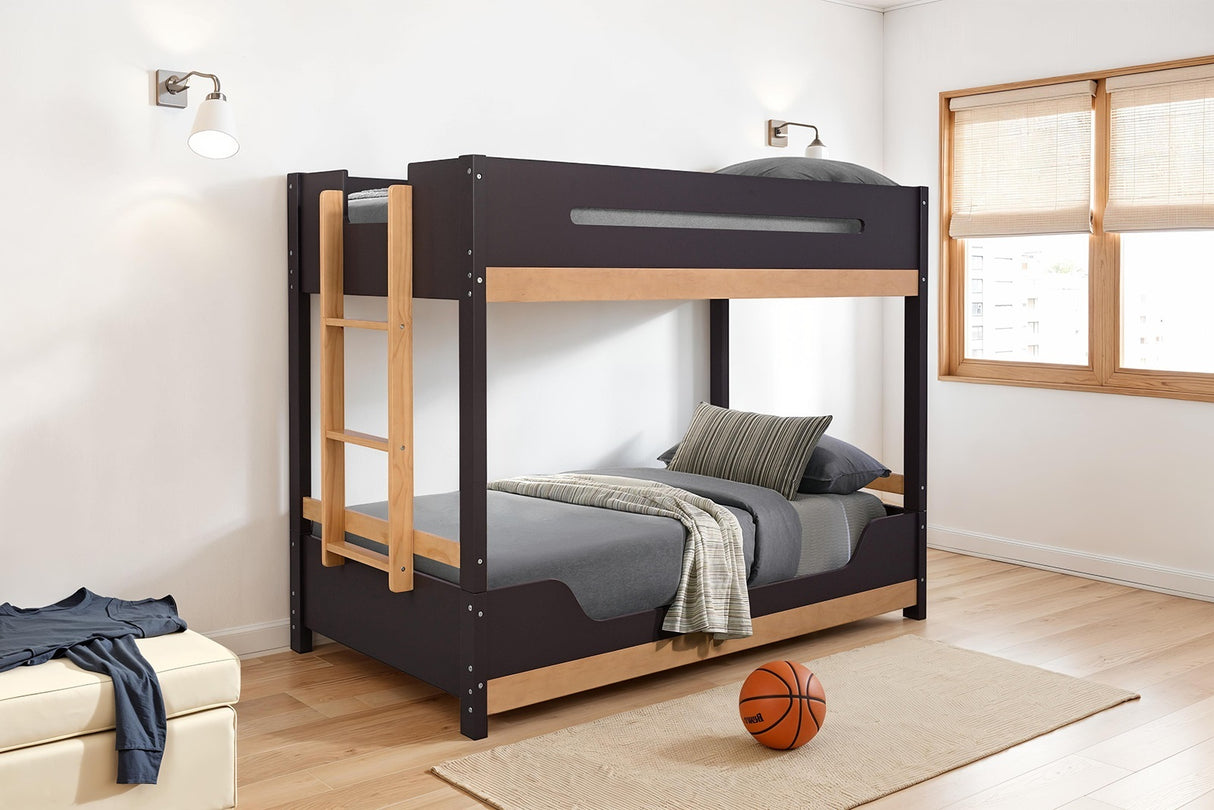 Contemporary Style Twin Over Twin Bunk Bed Attached Side Ladder Insert An d Lock Joint Purple Mauve/Natural Finish Bedroom Furniture