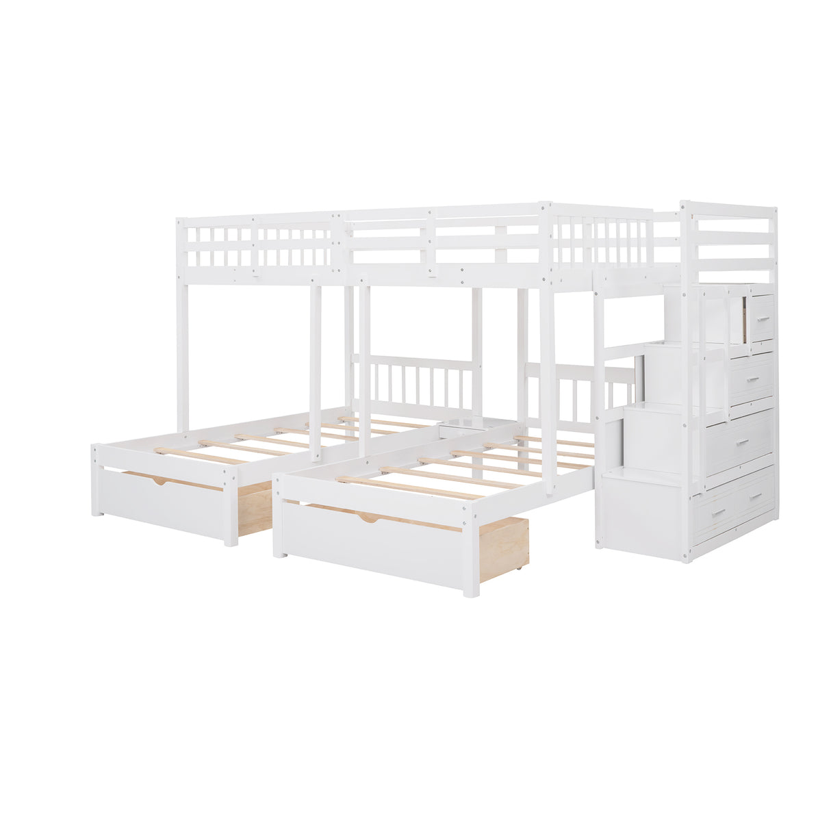 Full Over Twin & Twin Bunk Bed, Wood Triple Bunk Bed with Drawers and Guardrails (White) - sold by Home Elegance USA