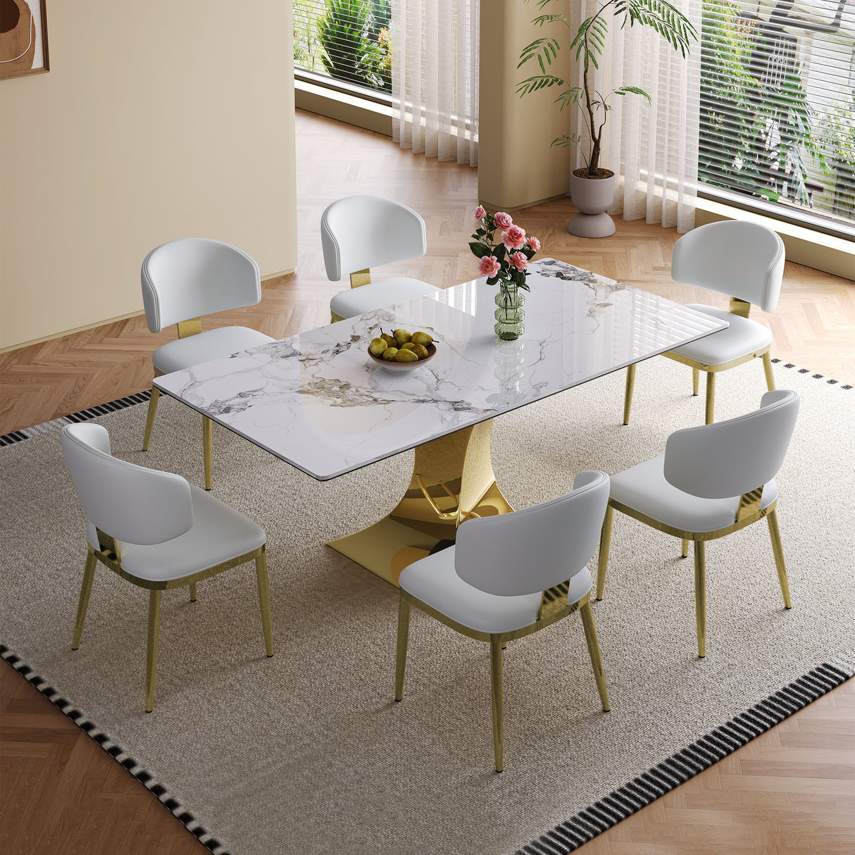 71' Rectangular Dining Table for 6, Modern Kitchen Table with Stylish Gold-Plated Hourglass Base, Large Dining Room Table (White+Gold) with 6 Grey Leather Chairs