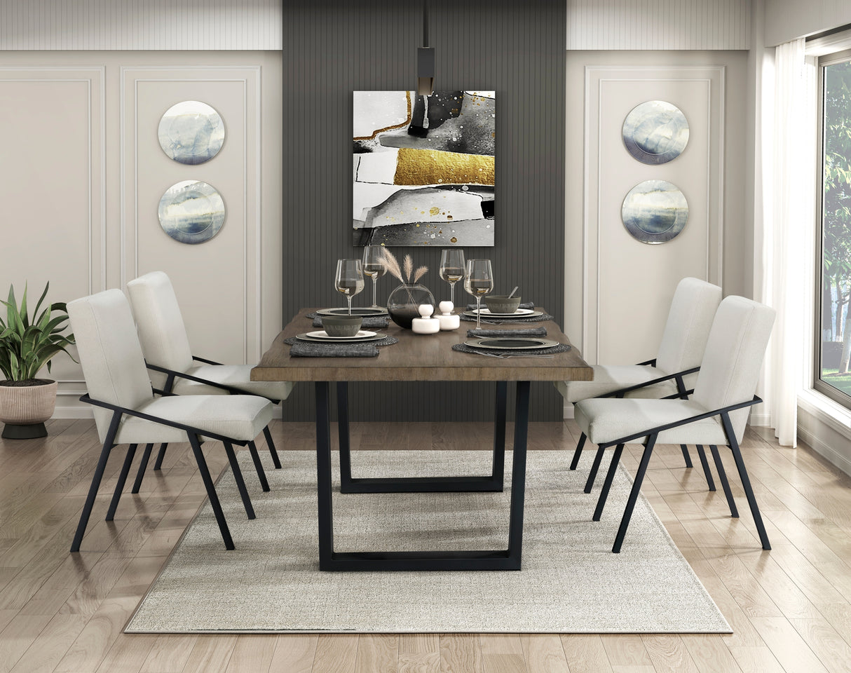 Modern Contemporary 5pc Dining Set Black Metal Base Table and 4x Side Chairs Cream Fabric Upholstered Furniture
