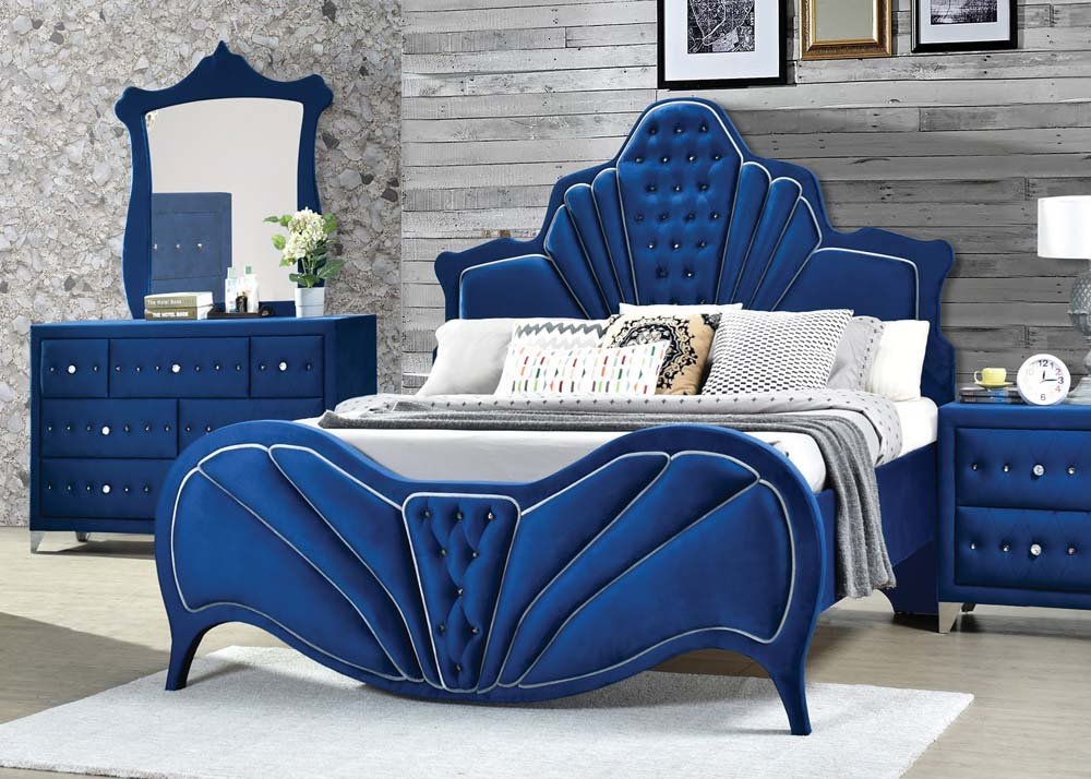 Dante EK Bed 24217EK Blue Velvet | Acme | Home Elegance USA