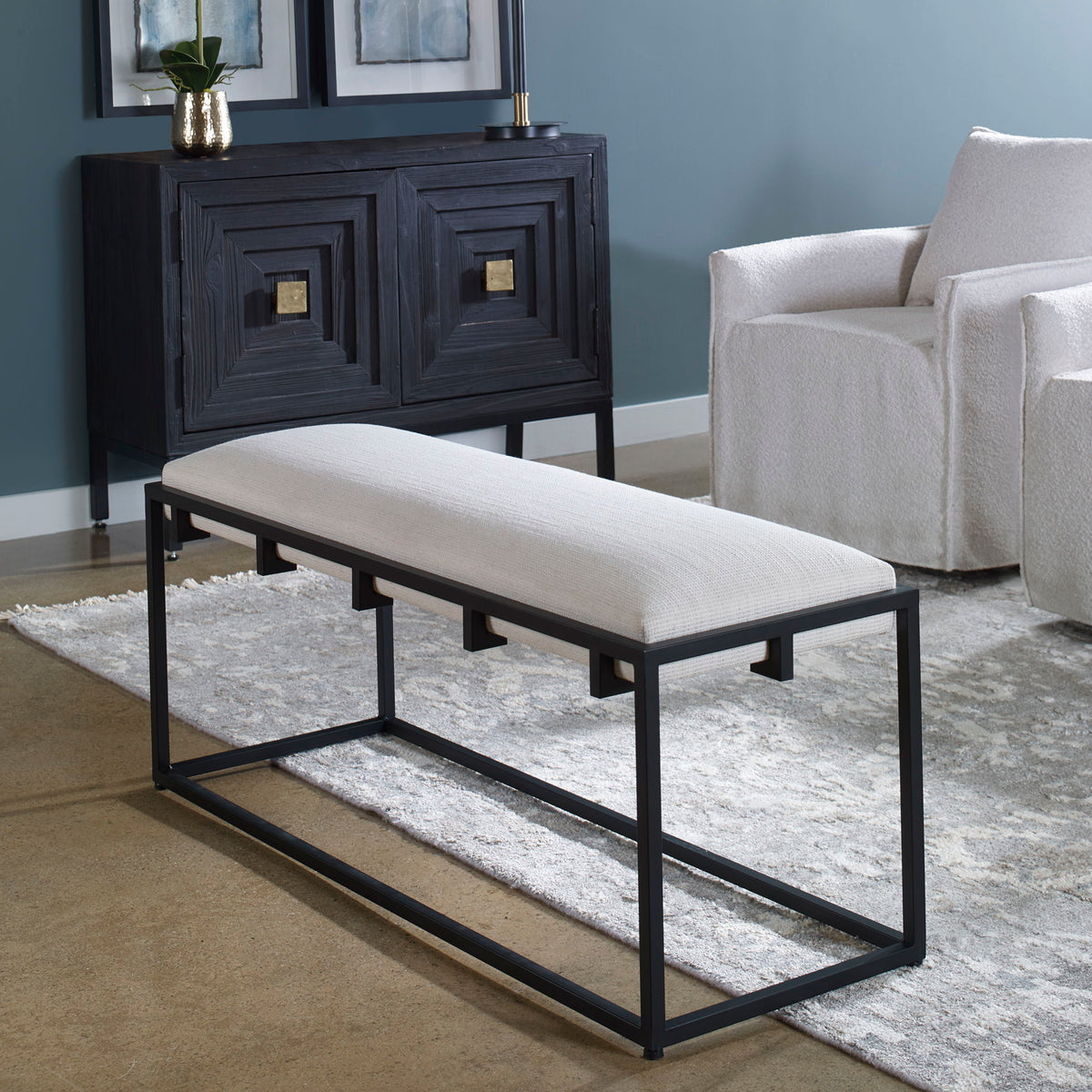 Paradox Iron & Fabric Bench White & Black - White / Black by Uttermost - View 2