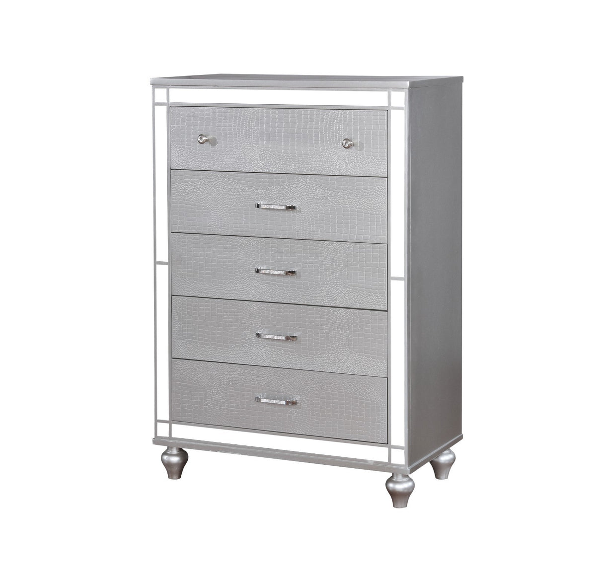 Contemporary Style 1pc Chest Crocodile Texture Chrome Round Knobs Bar Pulls w/ Crystals Silver Finish Bedroom Furniture