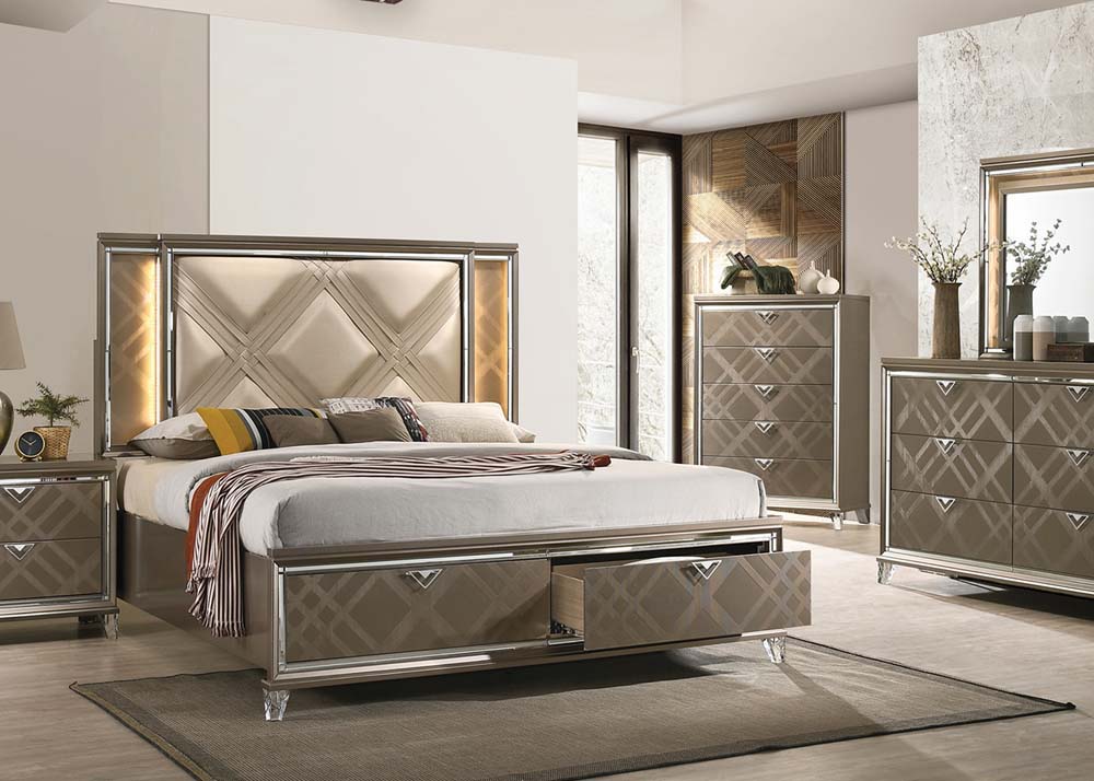 Acme - Skylar EK Bed W/Led & Storage 25317EK Synthetic leather & Dark Champagne Finish