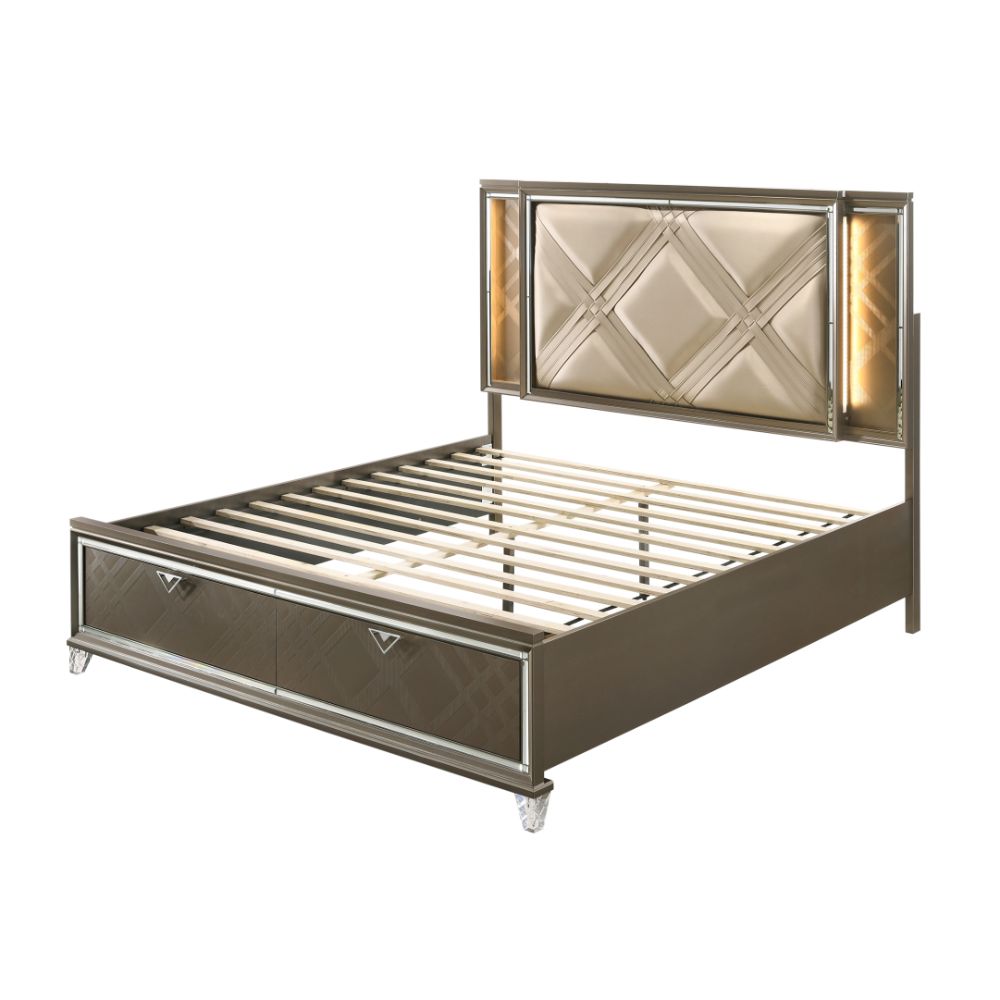 Acme - Skylar Queen Bed W/Led & Storage 25320Q Synthetic leather & Dark Champagne Finish