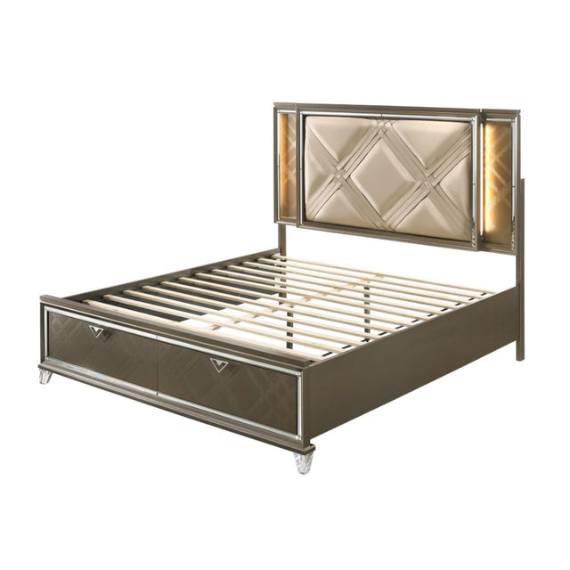 Acme - Skylar Queen Bed W/Led & Storage 25320Q Synthetic leather & Dark Champagne Finish