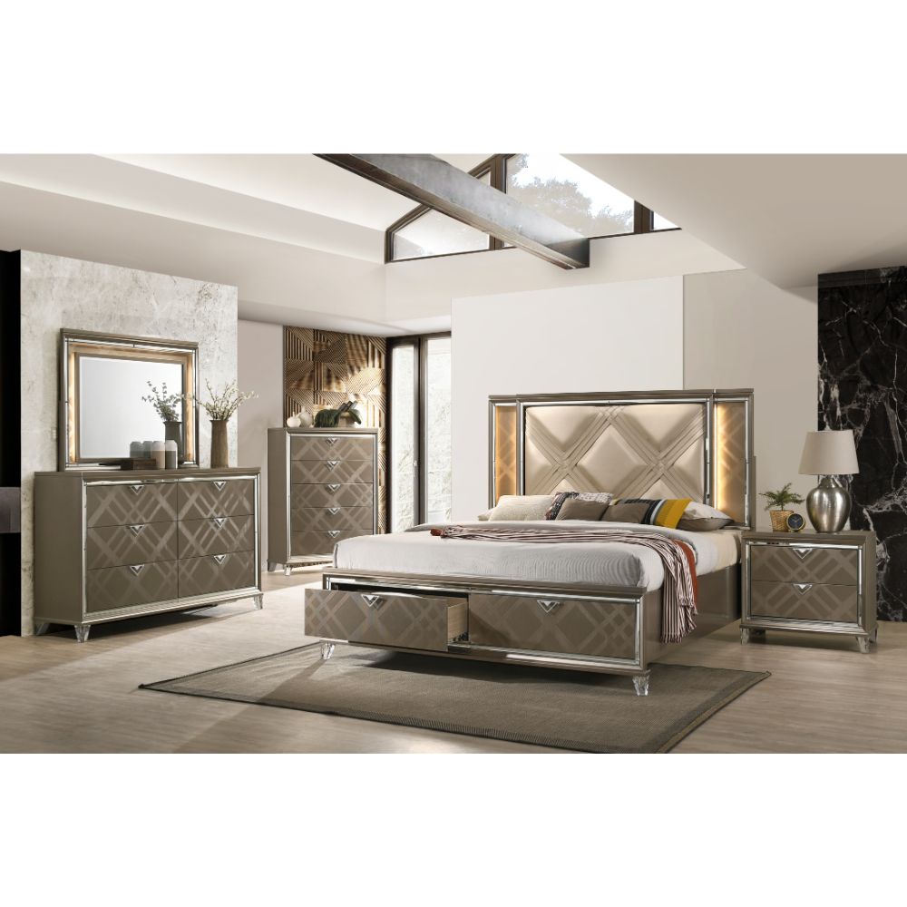 Acme - Skylar Queen Bed W/Led & Storage 25320Q Synthetic leather & Dark Champagne Finish