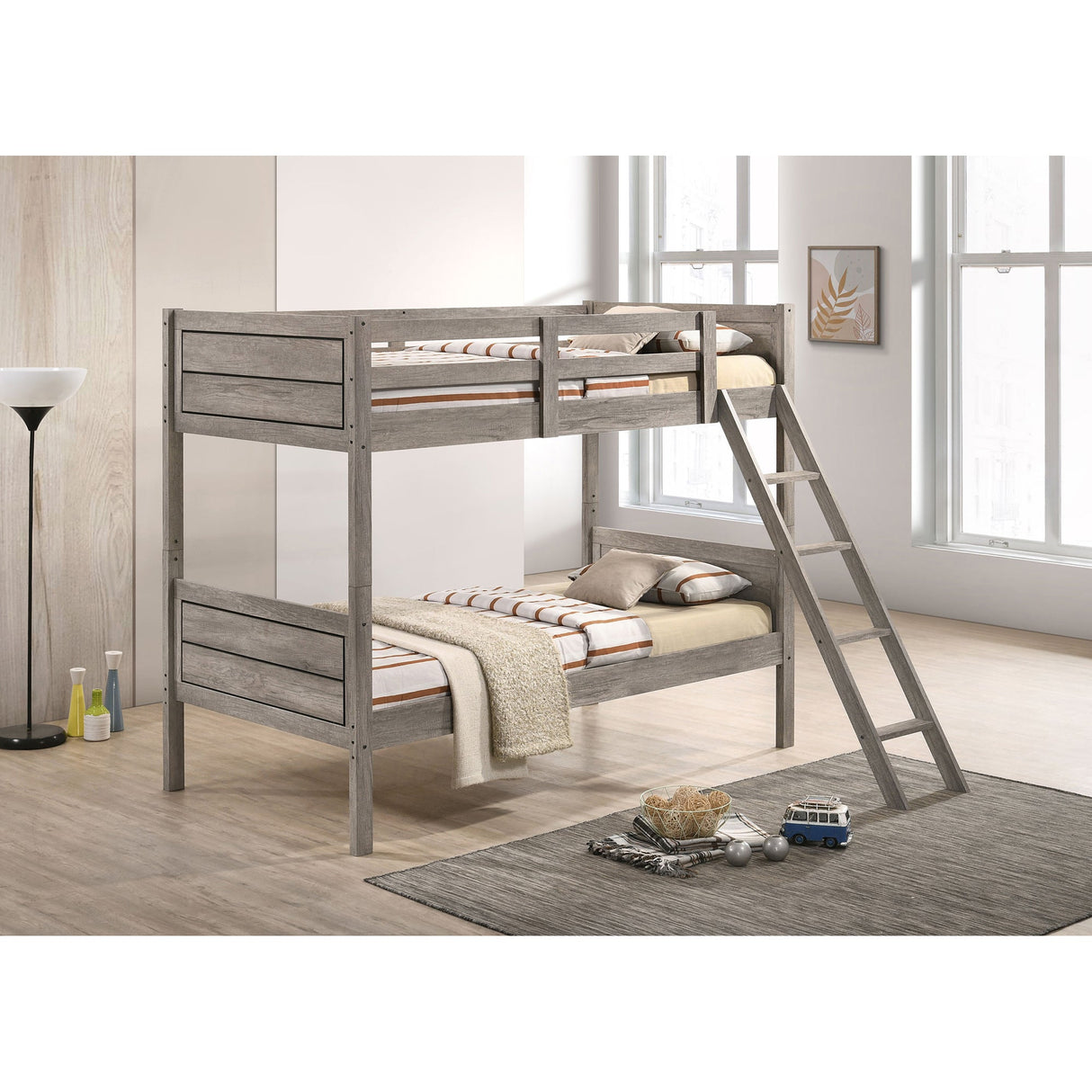 Clemens Weathered Taupe Wood Twin Over Twin Bunk Bed with Mattress - sold by Home Elegance USA