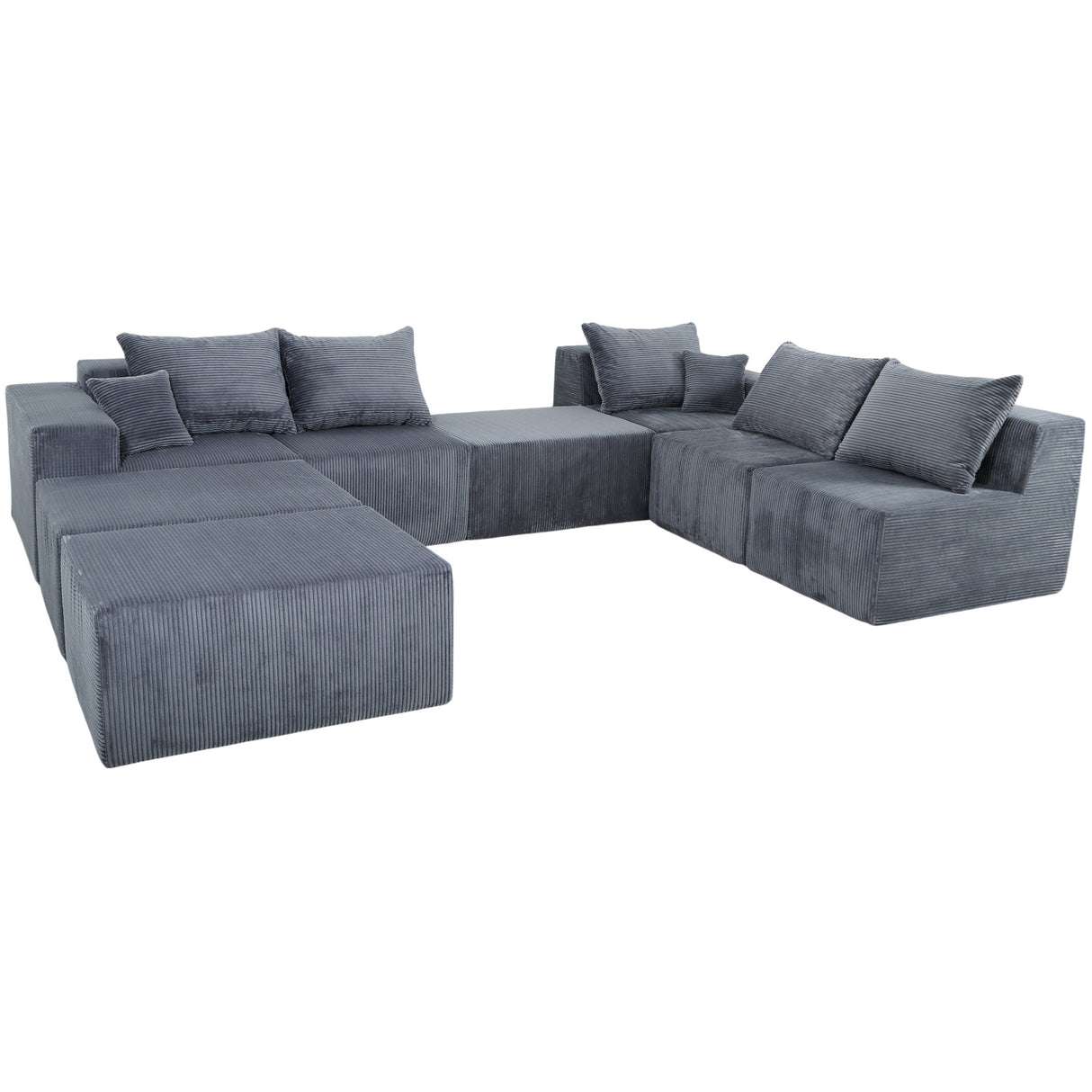 Luxury Modular U-Shaped Sectional Sofa with Chaise Lounge and Bed, Grey Corduroy Upholstery, No Assembly Needed