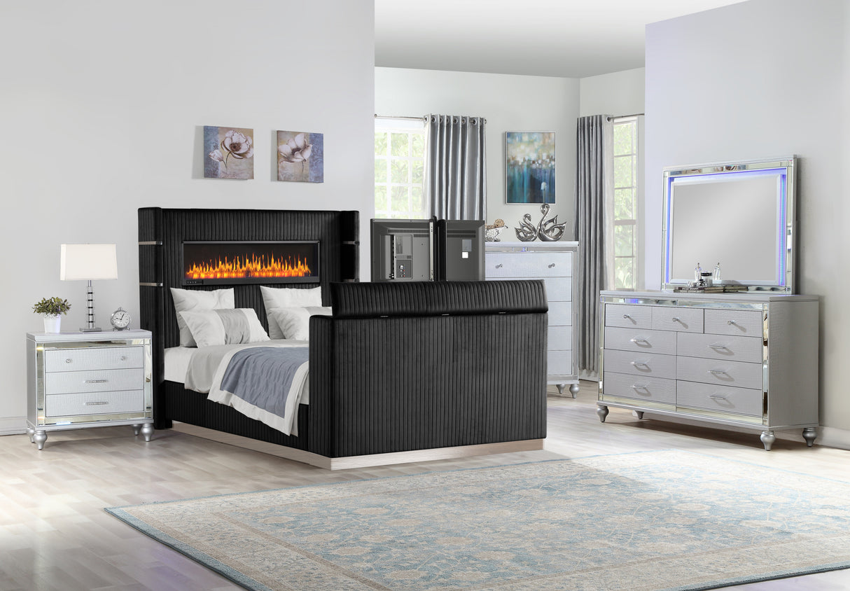 Lavish Modern Style 5 Pc King Bedroom Set Made with Fireplace in Headboard & TV stand in Footboard with Wood in Black(CA INVENTORY)