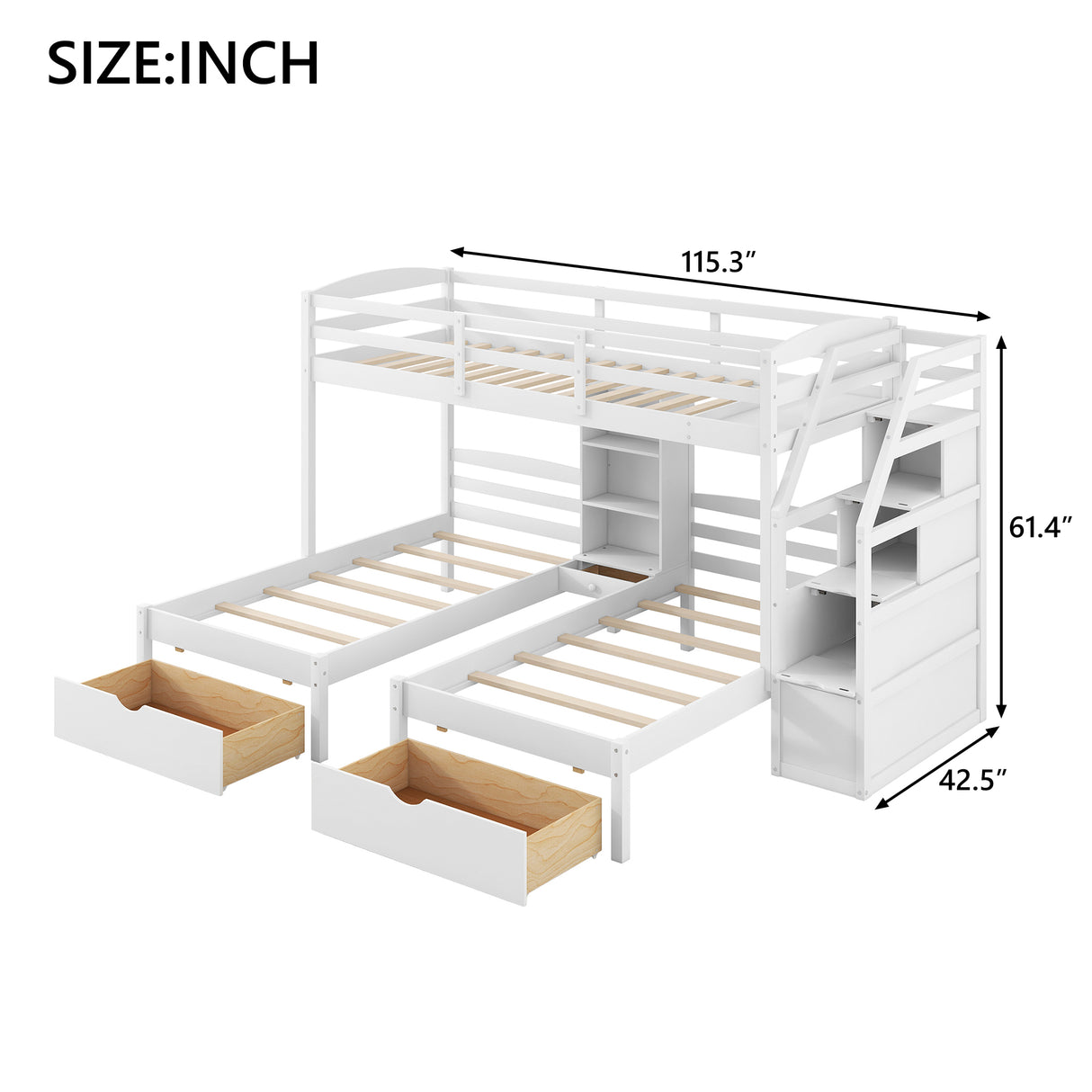 Twin over Twin&Twin Bunk Bed, Triple Bunk Bed with Drawers, Staircase with Storage, Built-in Shelves, White - sold by Home Elegance USA
