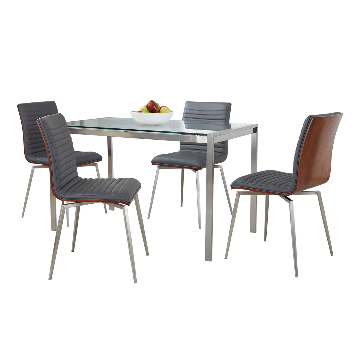 Fuji-Mason Swivel Contemporary Dining Set Dining Set in Brushed Stainless Steel, Clear Glass, Walnut Wood and Grey Faux Leather by LumiSource - 5 Piece