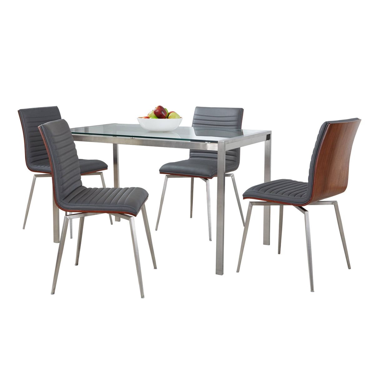 Fuji-Mason Swivel Contemporary Dining Set Dining Set in Brushed Stainless Steel, Clear Glass, Walnut Wood and Grey Faux Leather by LumiSource - 5 Piece - sold by Home Elegance USA