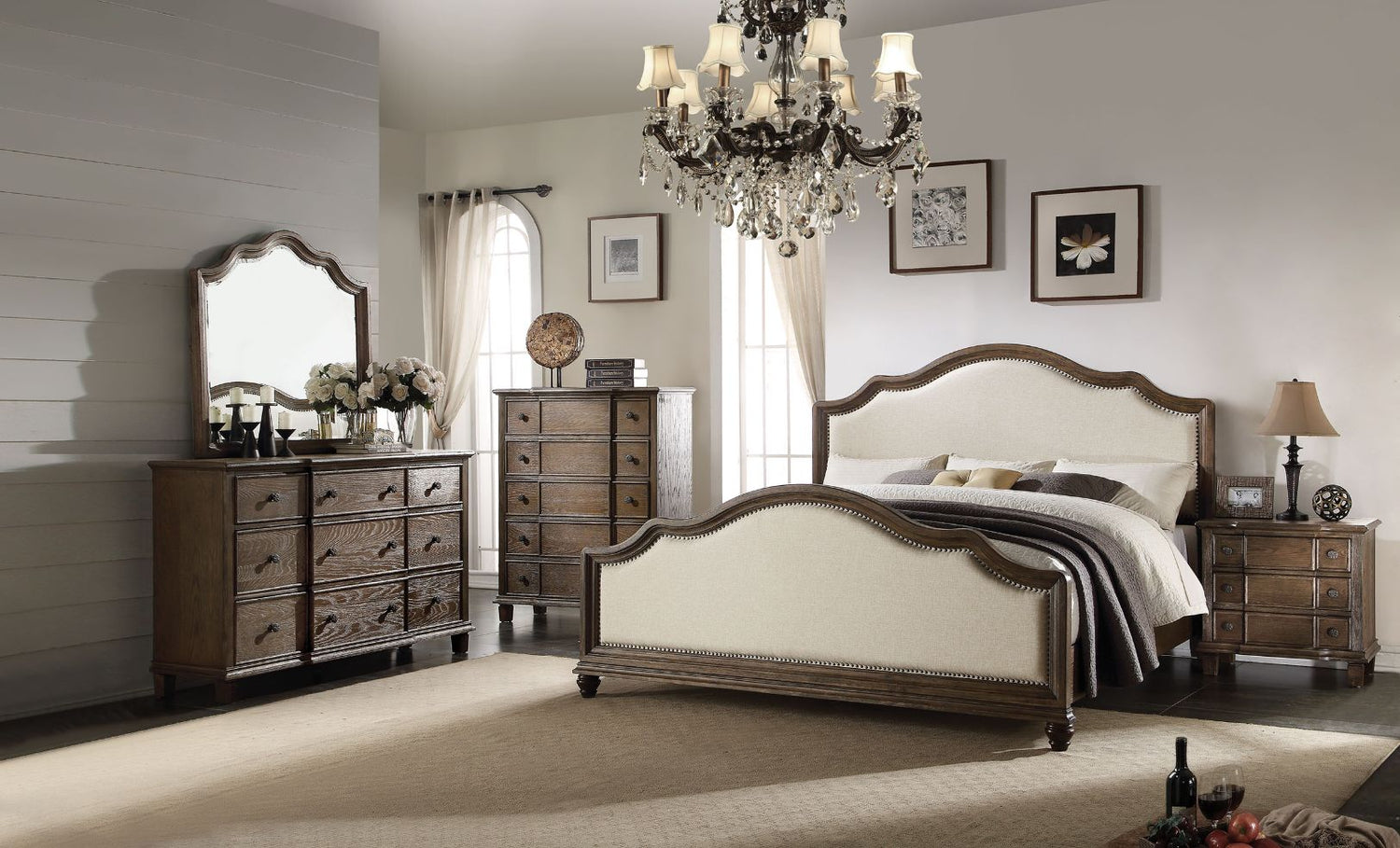 Baudouin Queen Bed 26110Q Beige Linen & Weathered Oak Finish | Acme | Home Elegance USA