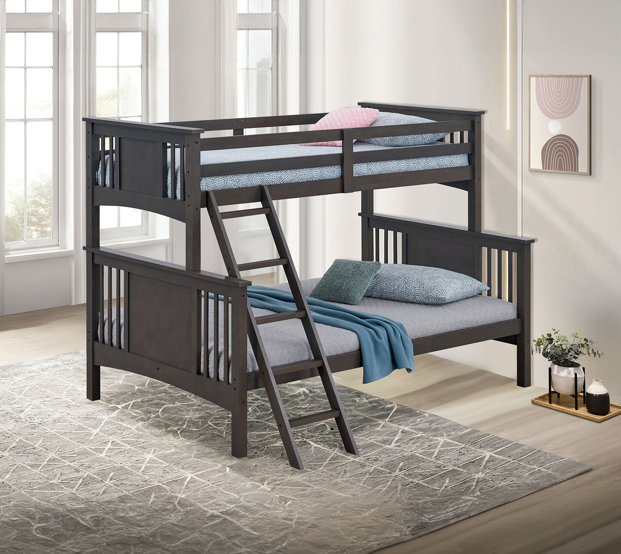 Modern Transitional Style Twin Over Full Bunk Bed With Ladder And Grey Mix Finish