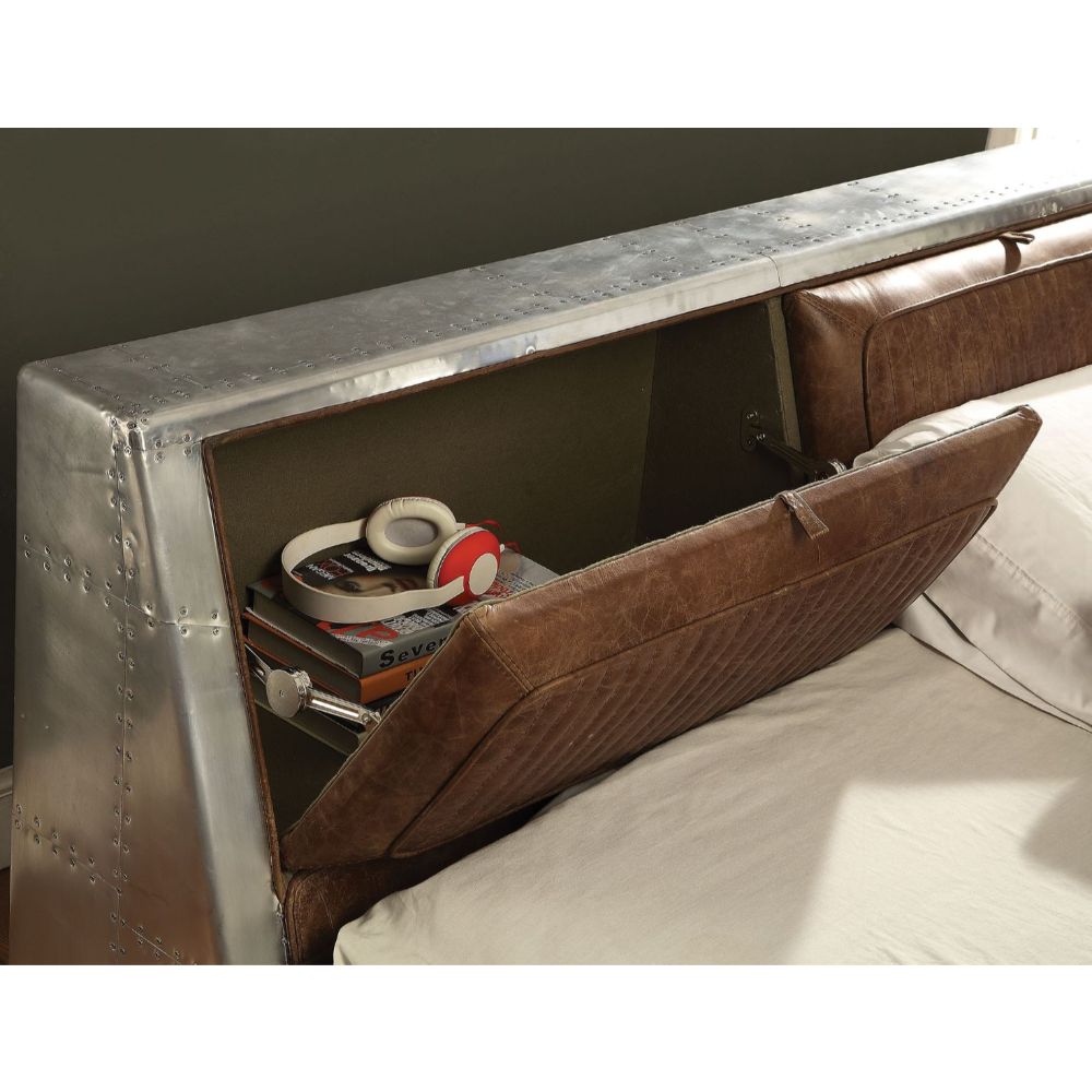 Brancaster Queen Bed 26220Q Retro Brown Top Grain Leather & Aluminum | Acme | Home Elegance USA