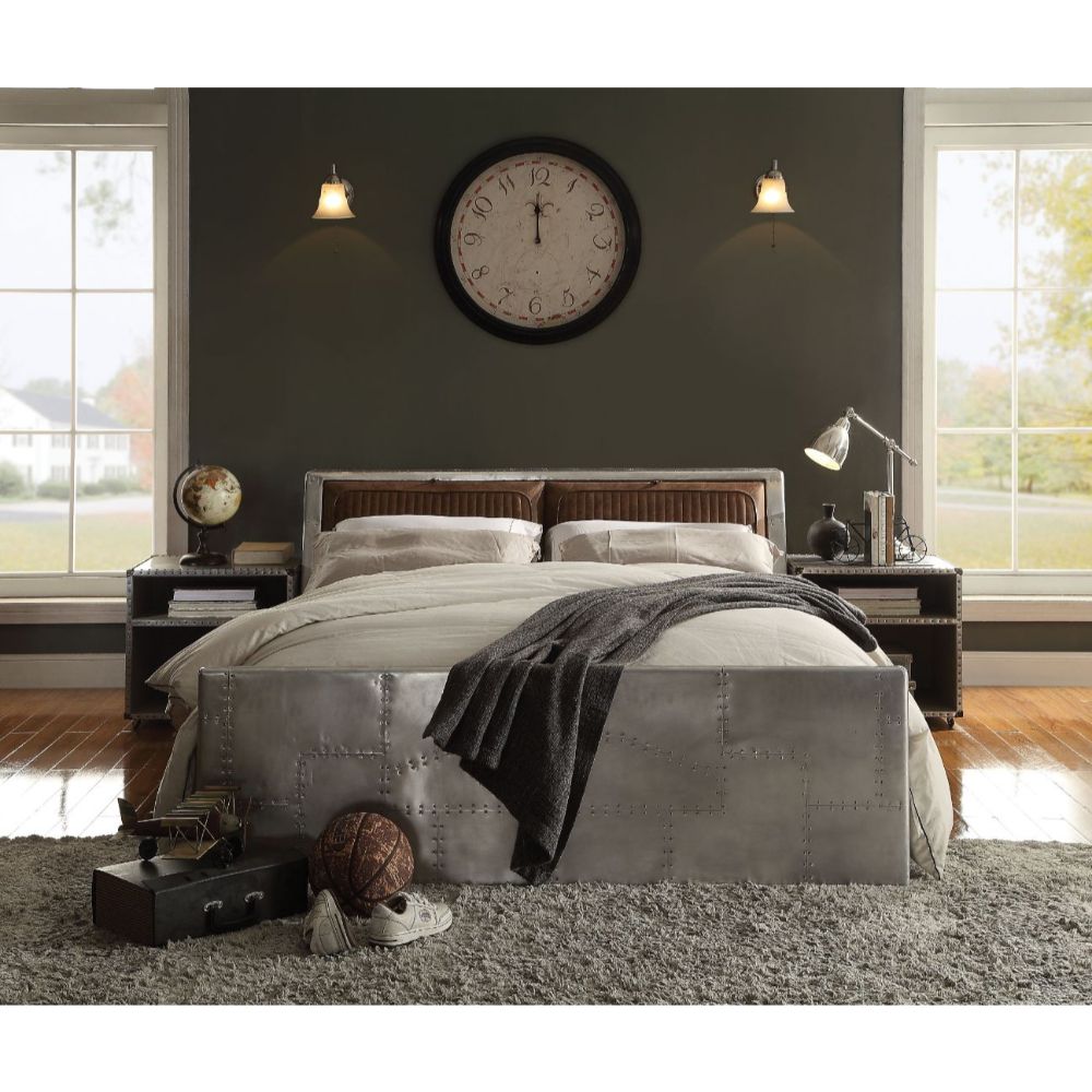 Brancaster Queen Bed 26220Q Retro Brown Top Grain Leather & Aluminum | Acme | Home Elegance USA