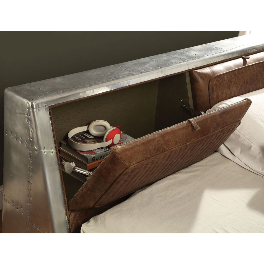 Brancaster Queen Bed 26220Q Retro Brown Top Grain Leather & Aluminum | Acme | Home Elegance USA