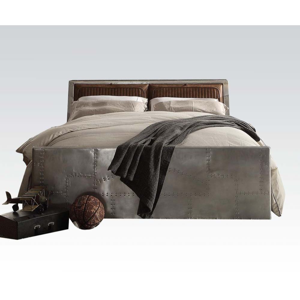 Brancaster Queen Bed 26220Q Retro Brown Top Grain Leather & Aluminum | Acme | Home Elegance USA