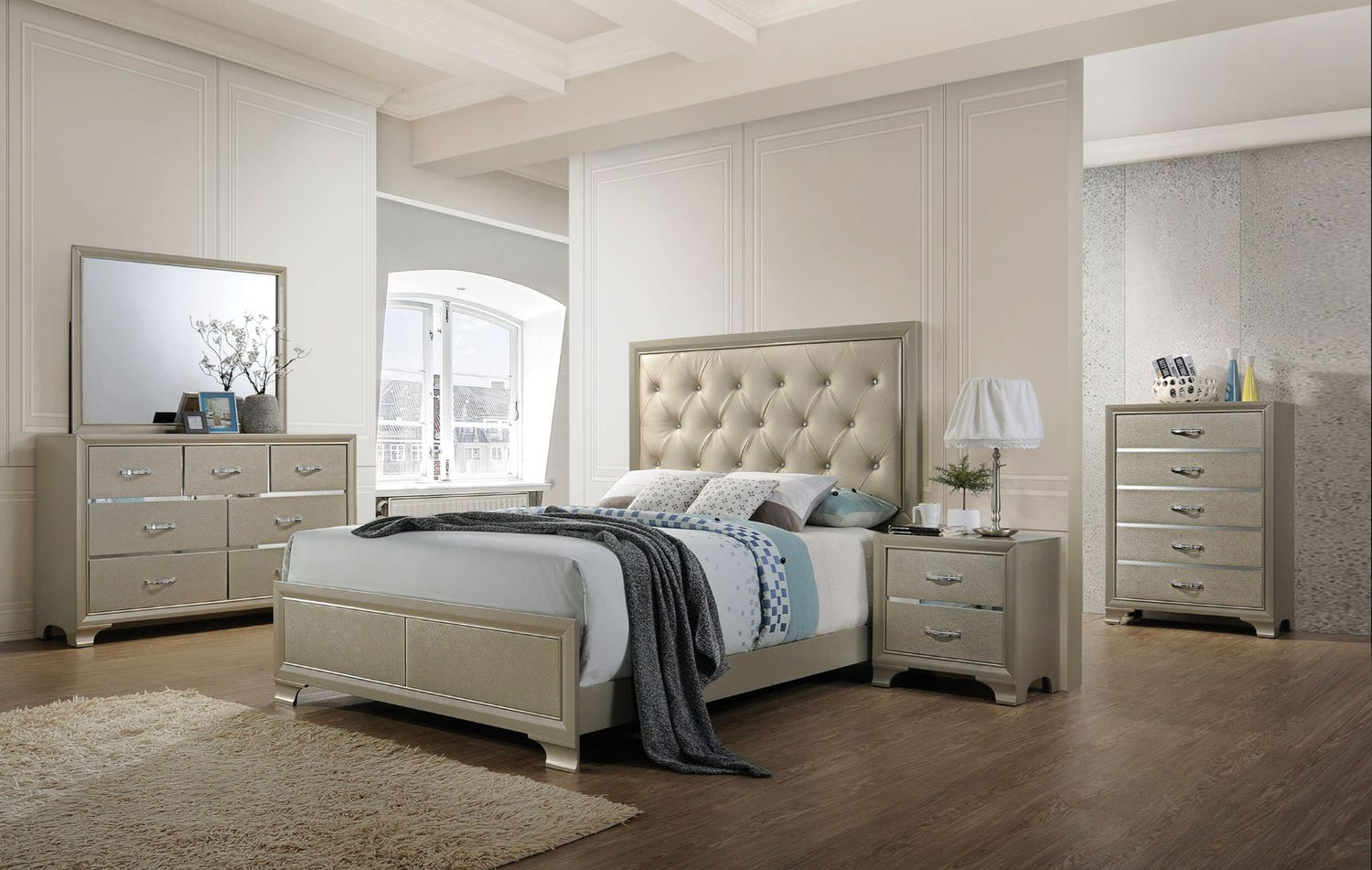 Carine Queen Bed 26240Q Synthetic Leather & Champagne Finish | Acme | Home Elegance USA