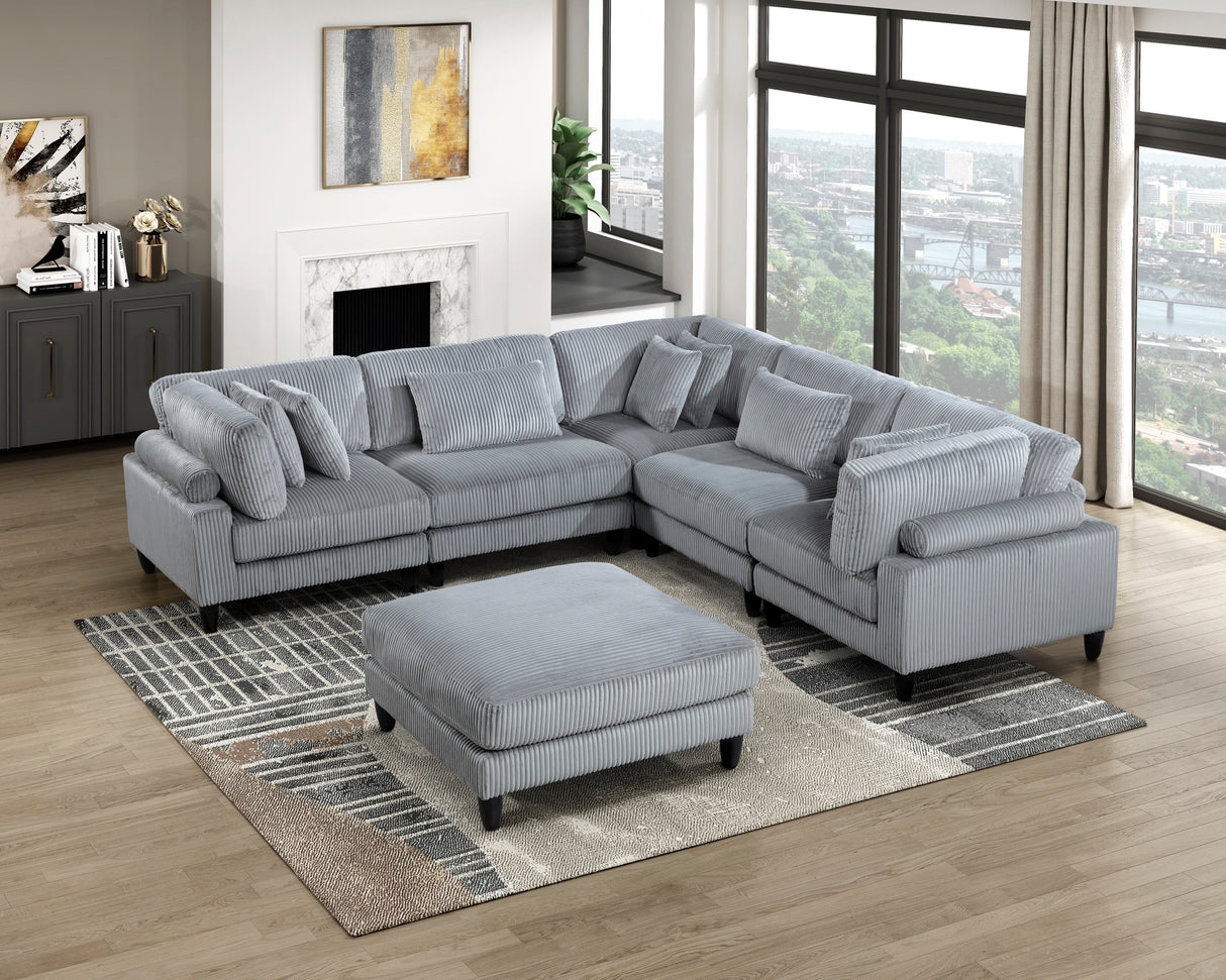 6pc Modular Sectional Set Gray Corduroy Upholstery 2x Armless Chairs 3x Corner Seats 1x Ottoman Pillows Living Room Furniture - sold by Home Elegance USA