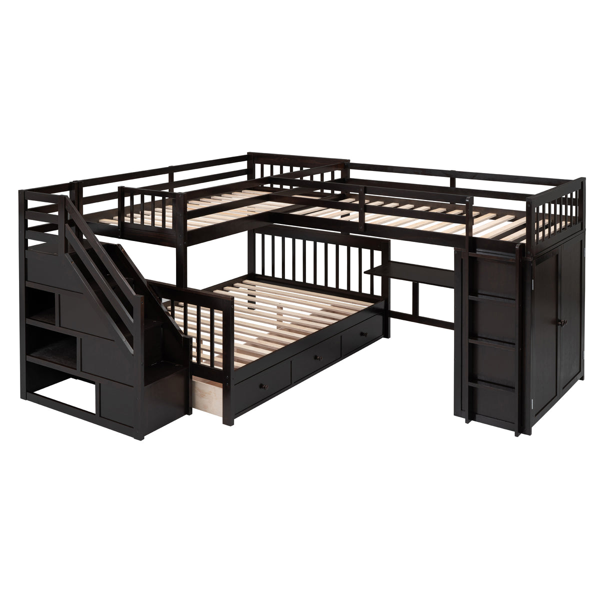Twin-Twin over Full L-Shaped Bunk Bed With 3 Drawers, Portable Desk and Wardrobe, Espresso(OLD SKU:LT100542AAP) - sold by Home Elegance USA