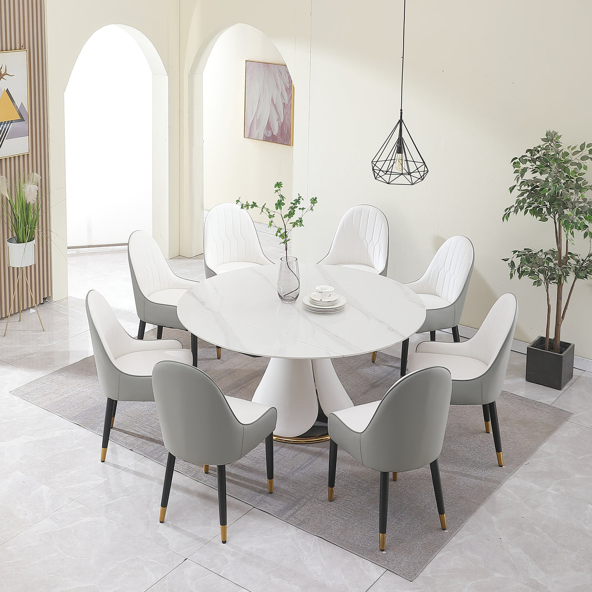 Mesa de comedor moderna de piedra sinterizada con mesa de comedor retráctil simple y multifuncional con 8 sillas.